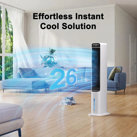 Living room with a 3-in-1 Windowless Evaporative Cooler Tower Fan With Remote, 41 Inch Tall, showing cool air flow effect.