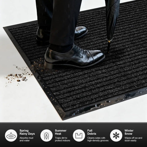 Person standing on Non Slip Waterproof Floor Mat 35x24 Inches for High Traffic Front Door Entryway Indoor Outdoor Rug.