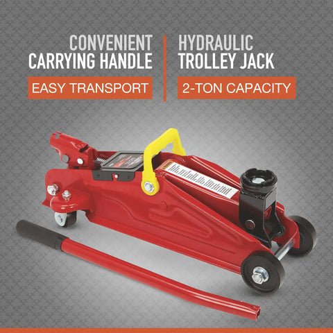 Smooth As Butter Hydraulic Trolley Jack With 2 Ton Load Rating Quick Roll Base with yellow handle and rubber wheels for easy transport.