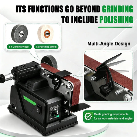 Small Bench Belt Sander With Forward Reverse Rotation For Rust Removal And Polishing Compact Grinding Machine with grinding and polishing wheels.