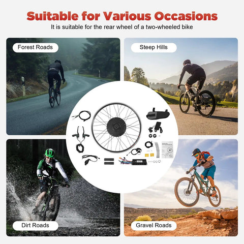 48V 1000W Electric Bike Conversion Kit For 28 Inch To 29 Inch Rear Wheel With Hub Motor shown for various terrains