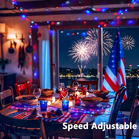 164Ft 500LED RGB String Lights Outdoor With Remote Timer Memory Waterproof For Indoor Outdoor Yard Garden Decor Patriotic 24 Colors 8 Modes Perfect For Fourth Of July Memorial Day Christmas Halloween, draped above an outdoor dining table with fireworks view.