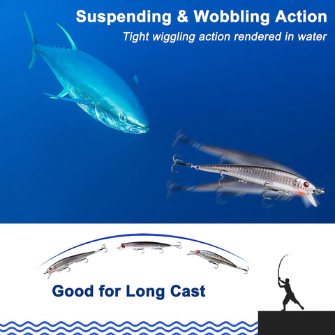 Saltwater Surf Fishin Lures Kit 6 Pack Assorted Jerkbaits Minnow Lures shown with suspended movement underwater.