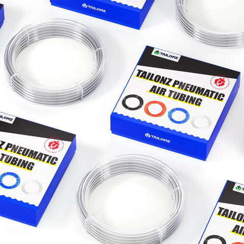 Clear PU Air Hose Kit Pro Grade 4mm Outer Diameter 5/32 Inch And 2.5mm Inner Diameter 10 Meters 32.8 Feet Pneumatic Tubing displayed with packaging