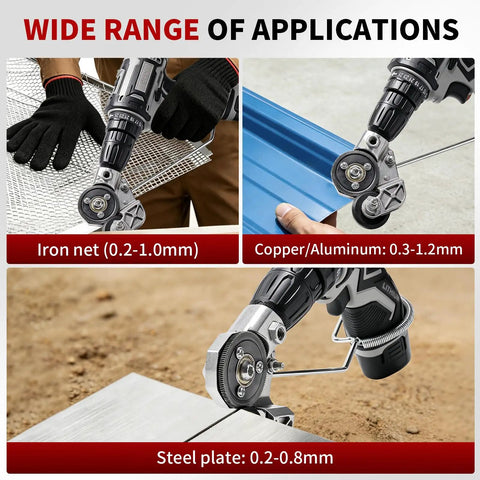 Heavy Duty Metal Nibbler Drill Attachment Double Head Design For Steel Iron Aluminum Copper Fast Precise Cutting Tool showing applications on iron net, copper/aluminum, and steel plate.