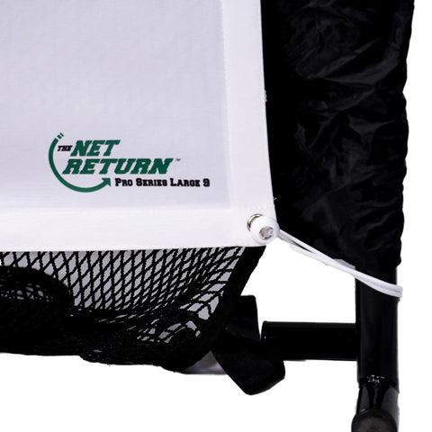 Corner detail of Pro Series 9 Flex Golf Simulator Screen For Home Practice, showcasing attachment and net return logo.