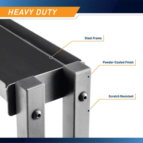 Close-up of a rugged three tier combo weight storage rack for home gym showing steel frame and powder-coated finish.