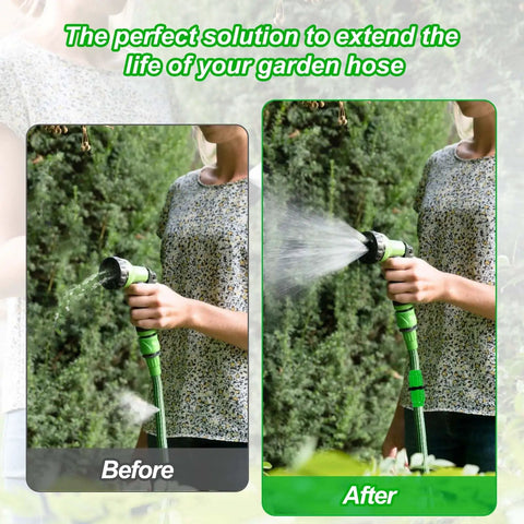 Before and after using Expandable Garden Hose Repair Kit With Four Dual Channel Connectors And Metal Clamp Quick Fix for damaged hoses