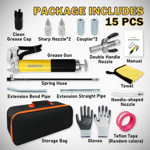 14oz Capacity Grease Gun Kit With 7000 PSI Leakproof Spray with accessories including hose, nozzles, coupler, and Teflon tape.