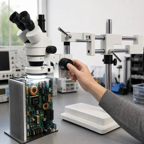 Trinocular Stereo Zoom Microscope 3.5X To 90X With Dual Arm Boom, 45 Degree Inclined Head Rotates 360, used for PCB inspection