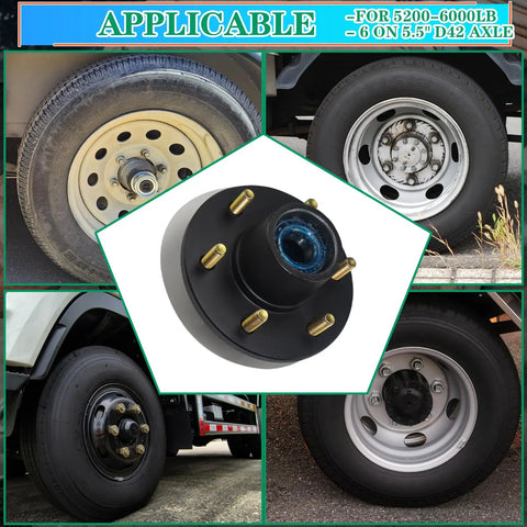 Trailer Hub Kit For 5200 To 6000 Lbs Trailers Six On Five Point Five Inch Bolt Pattern with EZ Lube Bearings