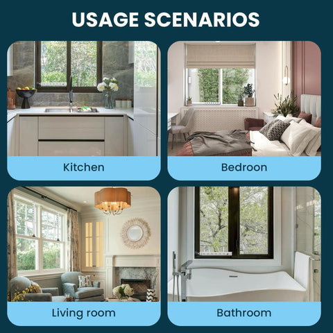 Usage scenarios for 4 Pack Window Security Bars, Adjustable From 11 To 18 Inches in kitchen, bedroom, living room, and bathroom windows.