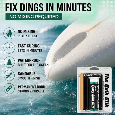 Premium Grade No Sweat Epoxy Putty Stick For Patching Fiberglass Surfboard and Paddleboard Dings waterproof product on surfboard.