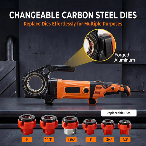 Heavy Duty Electric Pipe Threader Kit With 2300W Copper Motor, carbon steel dies displayed, six sizes from 1/2 to 2 inches