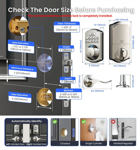 Diagram showing installation dimensions and specifications for Smooth Operator WiFi Deadbolt Door Lock With Handle Set Keypad Entry Satin Nickel Finish.