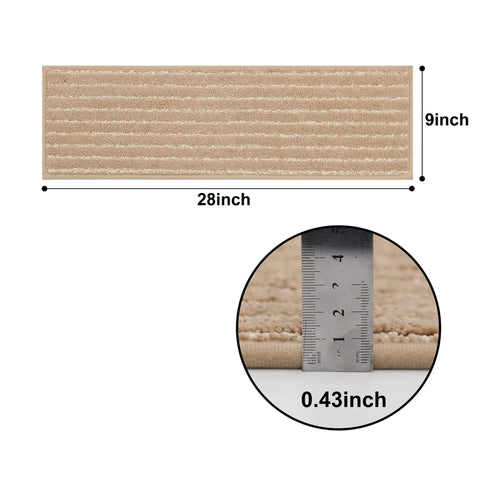 Soft Edging Stair Treads Non Slip Carpet Mats For Indoor Wooden Steps 28x9 inches, showing detail with beige material and measurement.