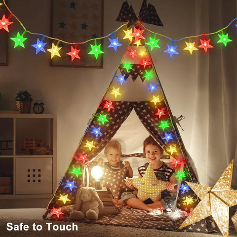 Star Shaped String Lights Battery Powered 13ft 40LED Fairy Lights with Timer in multicolor decorating kids play tent