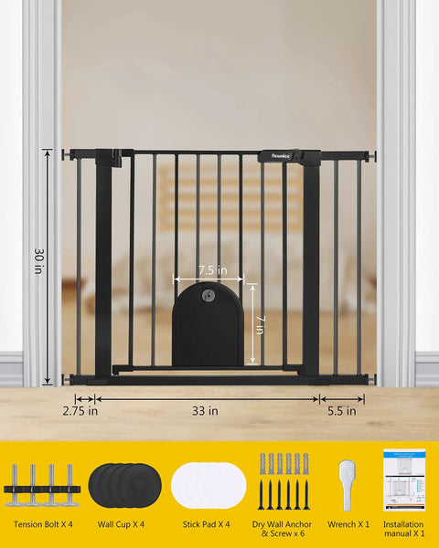 Wide Auto Close Baby Gate With Cat Door For Easy Walk Through Adjustable 29.7 To 40.6 Inches in doorway with dimensions.