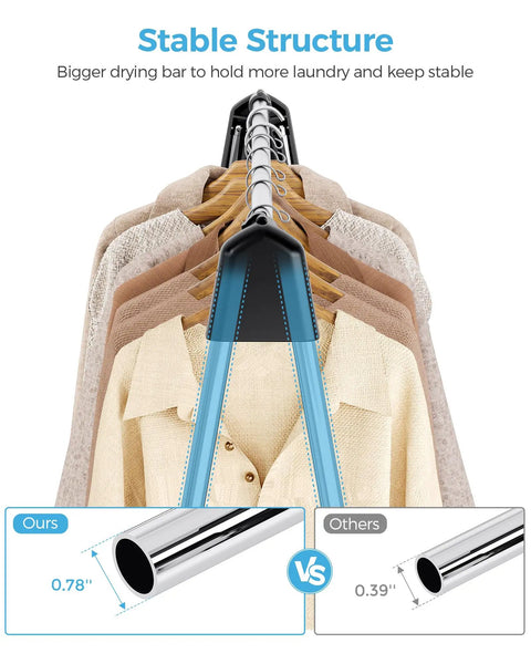 Foldable Clothes Drying Rack Portable Laundry Stand Sturdy Hanging Bars Compact Airer For Apartments Dorm Rooms Closets Quick Dry Setup, showcasing stable structure with larger drying bar.