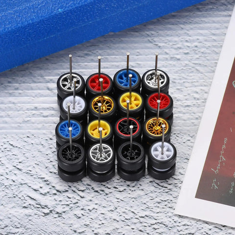 Five Pack One Sixty Fourth Scale Wheels And Tires Set With Real Riders Rims And Axles for RC Diecast Car DIY Projects, assorted colors.