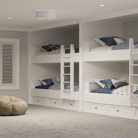 Children's room with bunk beds and Two Light Flush Mount Ceiling Light With Summer Linen Shade In Brushed Nickel Finish