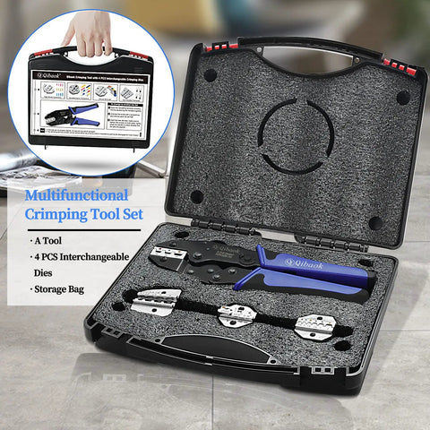 Open case showing Ratcheting Wire Crimping Tool Kit With Four Interchangeable Dies For Heat Shrink Connectors Ferrules And Insulated Terminals