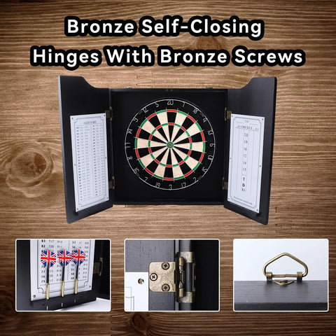 Solid Wood Classic Dartboard Cabinet Set With Bristle Dartboard, Built In Scoreboard, bronze hinges and screws detail