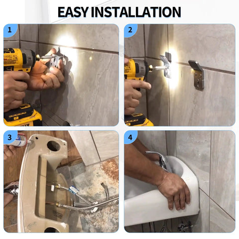 Hella Sturdy Wall Mounted Sink Bracket And Hook Kit Replacement Parts installation process on tiled wall with drill, holding sink.