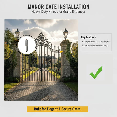 Rock Solid 4 Inch Bullet Weld On Hinges, Heavy Duty Carbon Steel Barrel Hinge Kit, shown on a grand manor gate for secure mounting.