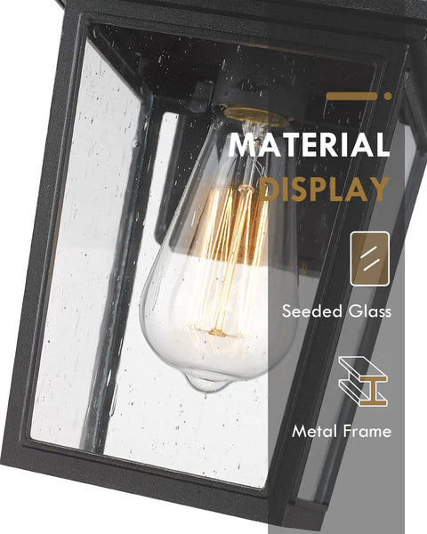 Close-up of Outdoor Wall Sconce Lantern For Porch And Garage with seeded glass shade and matte black finish metal frame, showcasing design.