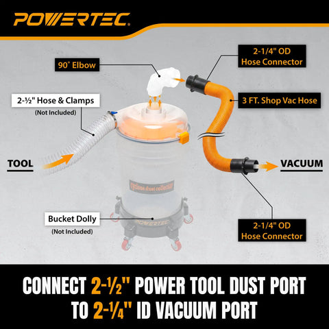 Low Profile Cyclone Dust Separator Kit for Shop Vac and Dust Collectors with bucket dolly, hose, and elbow attachment shown.