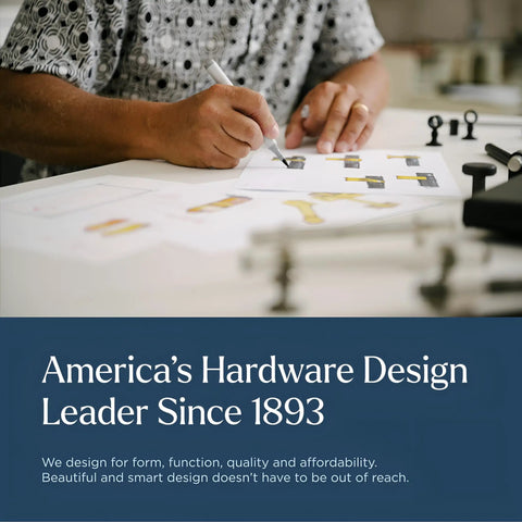 Designer sketches hardware plans for America's Hardware Design Leader since 1893, reflecting quality and innovation.