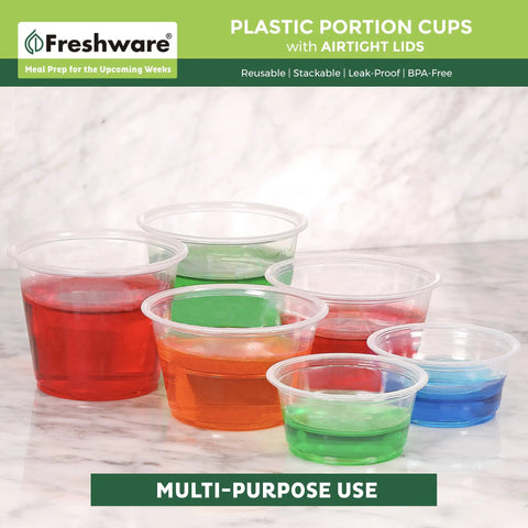 Heavy Duty 2 Oz Disposable Portion Cups With Airtight Lids Bulk 200 Piece Grab Bag for colorful jello shots and sauces.