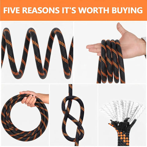 Top Shelf Heavy Duty Braided Polyester Arborist Rope Half Inch By 120 Feet Badass Breaking Strength For Serious Tree Work Hiking Camping And Swing Project Black showing various angles and uses of the rope.