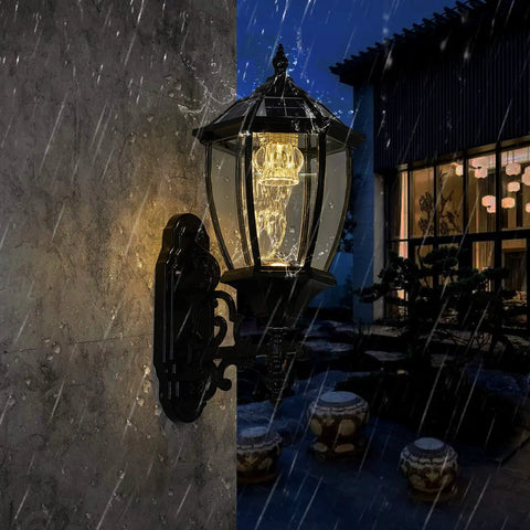 Solar Powered Wall Lamp With Light Sensor Auto On At Night Waterproof Outdoor LED Hexagonal Sconce in rain at night