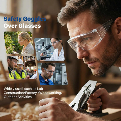 Man wearing Heavy Duty Safety Glasses Over Glasses 12 Pack Ansi Z87 1 Clear Lens Scratch Proof Goggles working with wood