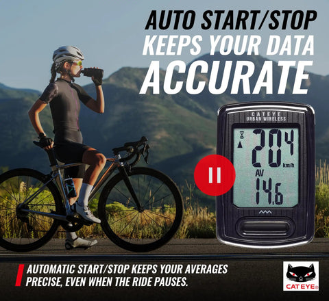 Urban Wireless Bike Computer With Analog Speedometer And Odometer, Calorie Tracking, Auto Start Stop displayed next to cyclist.
