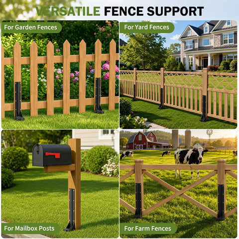 2 Pcs Heavy Duty Fence Post Repair Kit Rustproof Steel Ground Anchors supporting various wooden fences in a garden and farm.