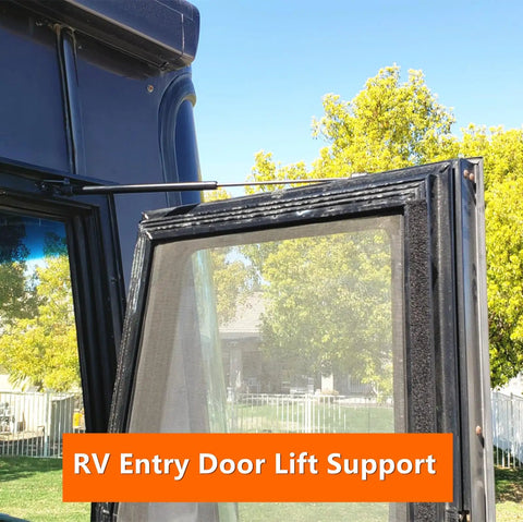20 Inch Gas Strut For Rv Trailer Screen Door And Camper Entrance Lift Replacement Premium Heavy Duty Trail Rig And Truck Topper Door Prop Spring Kit supporting RV entry door open.