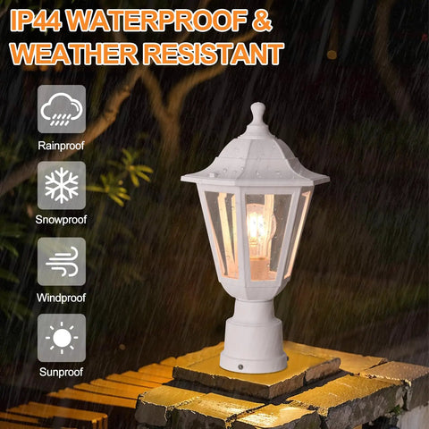 Outdoor Post Light With Pier Mount Base Waterproof White Lamp Post Fixture in rain, shown on brick surface