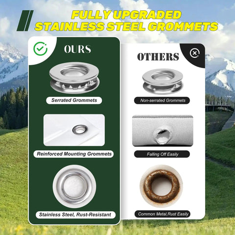 Comparison of serrated and non-serrated stainless steel grommets for Fireproof Golf Simulator Impact Screen With 3D Air Mesh