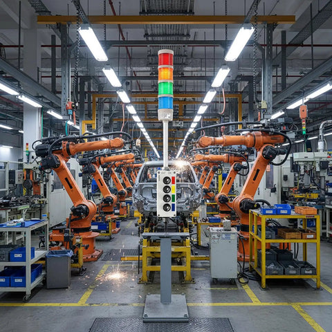 Slick Four Stack Led Andon Tower Light For Busy Factory Floors And Production Lines With Bright Status Alerts, seen in an assembly line.