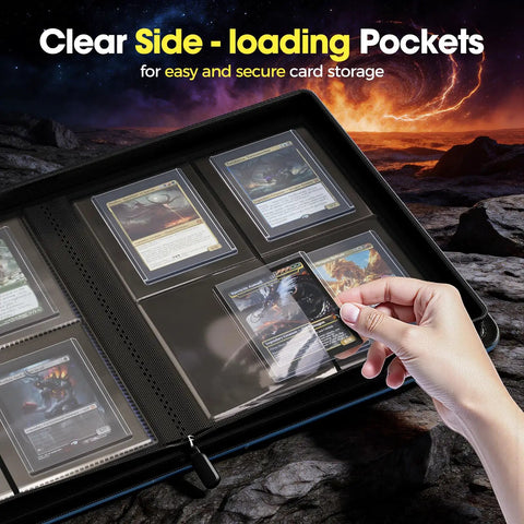 Hand placing card in 4 Pocket Top Loader Binder For 144 Cards In 3x4 Toploaders, Side Loading Card Organizer With Clear Window, Navy Finish.