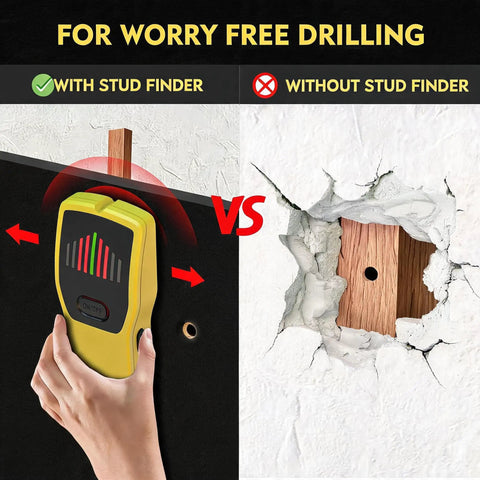 Highly Accurate Stud Finder Wall Scanner With Straight Up Precision showing wood detection with LED indicator versus drywall damage.