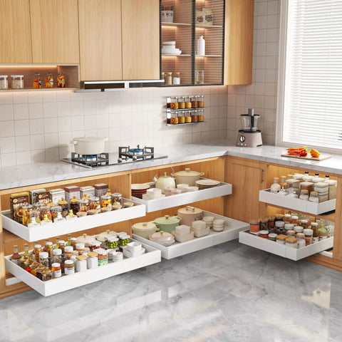 Four Pack White Pull Out Cabinet Organizers 21 Inch Deep Roll Out Shelves heavy duty slide out drawers in a kitchen.