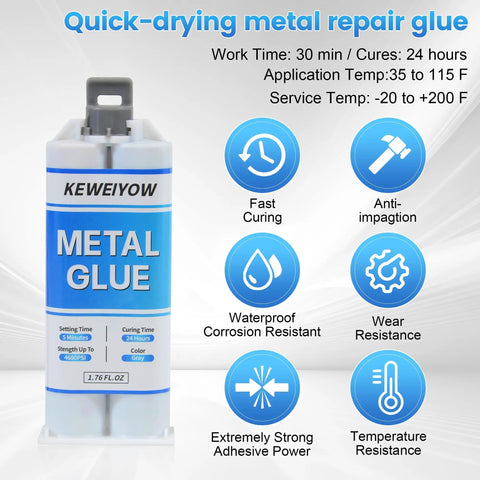Heavy Duty Metal Epoxy Glue Waterproof Liquid Welding Adhesive For DIY Automotive Body Filler And Exhaust Repair Kit Bonds Metals Plastics Stainless Steel Iron Aluminum One Point Seven Six Ounce quick-drying metal repair glue with features infographic