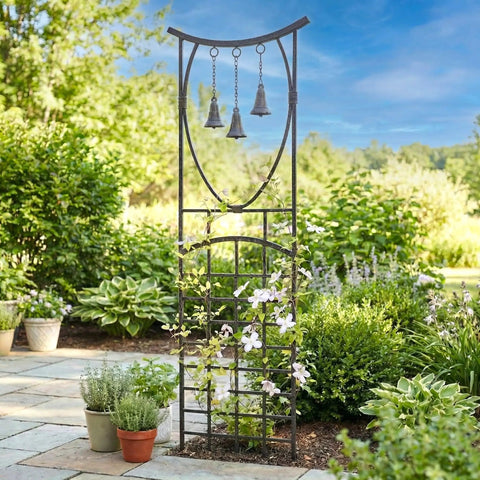 Heavy Duty Iron Garden Trellis With Decorative Bells Freestanding Outdoor Climbing Support 67 Inch Installed Height And 79 Inch Overall