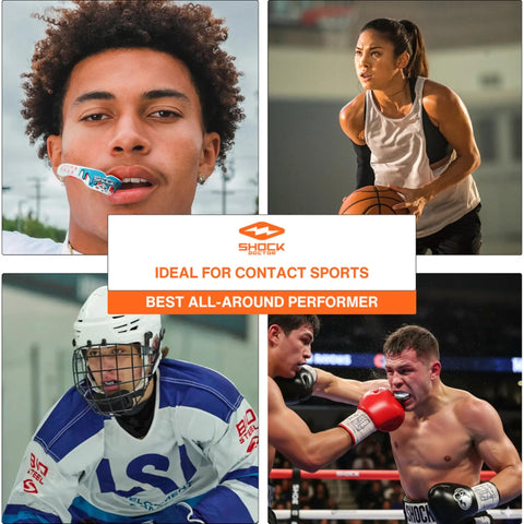 Collage of athletes using Custom Fit Mouth Guard For Football And Boxing Boil And Bite Moldable Mouthpiece in various sports