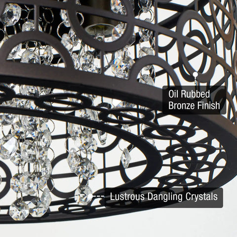Close-up of Brielle 15 Inch Modern Crystal Drum Flush Mount Ceiling Light With Cascading Crystals in oil rubbed bronze finish.