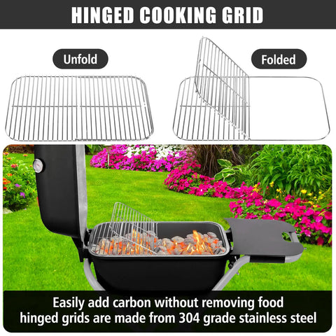 Heavy Duty Hinged Cooking Grid For Veteran Outdoor Grills Goof Proof Charcoal Flip System showing unfolded and folded positions.